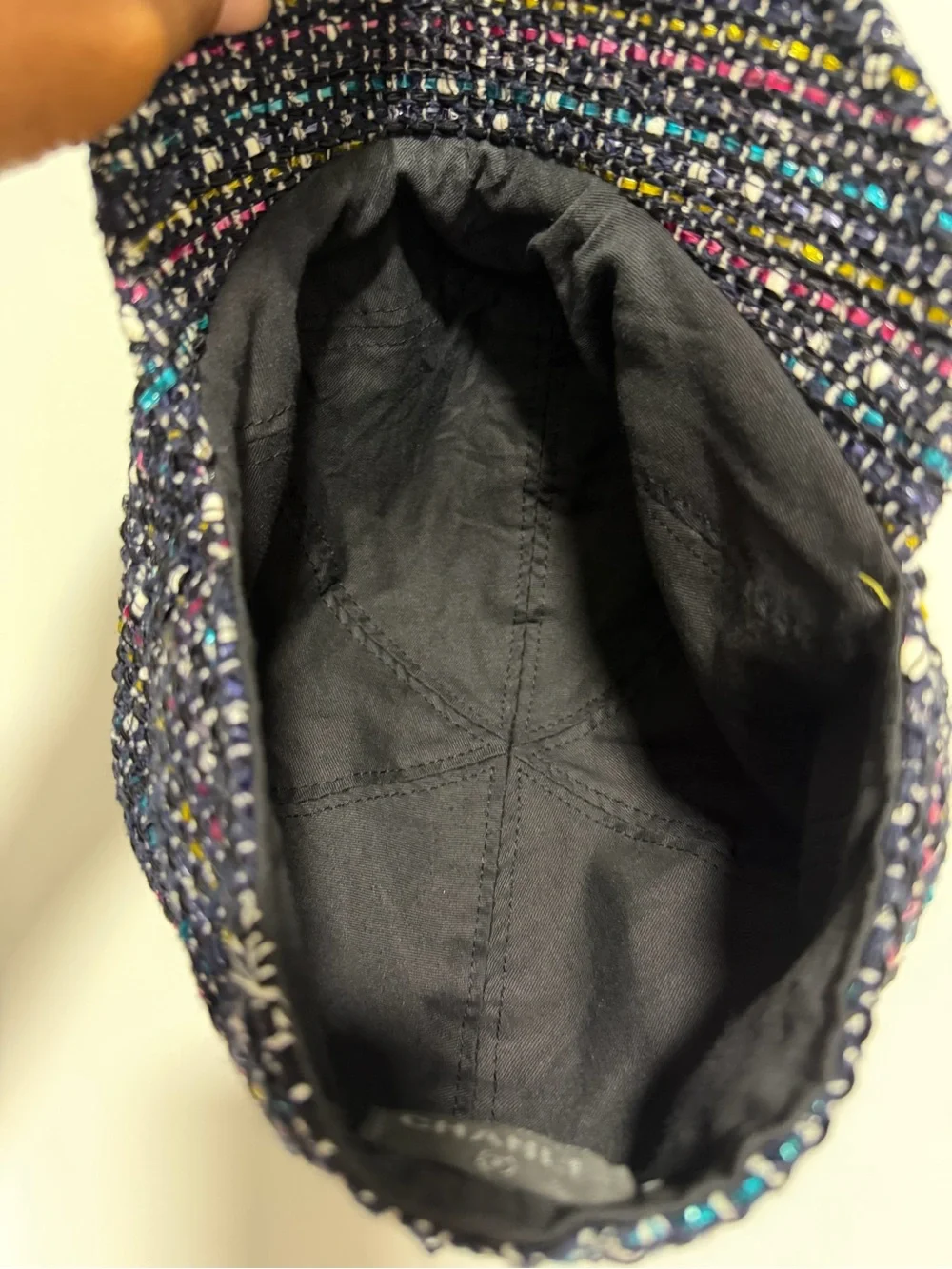 CHANEL Navy Tweed Cap with Multicolor Flecks and Gold CC
